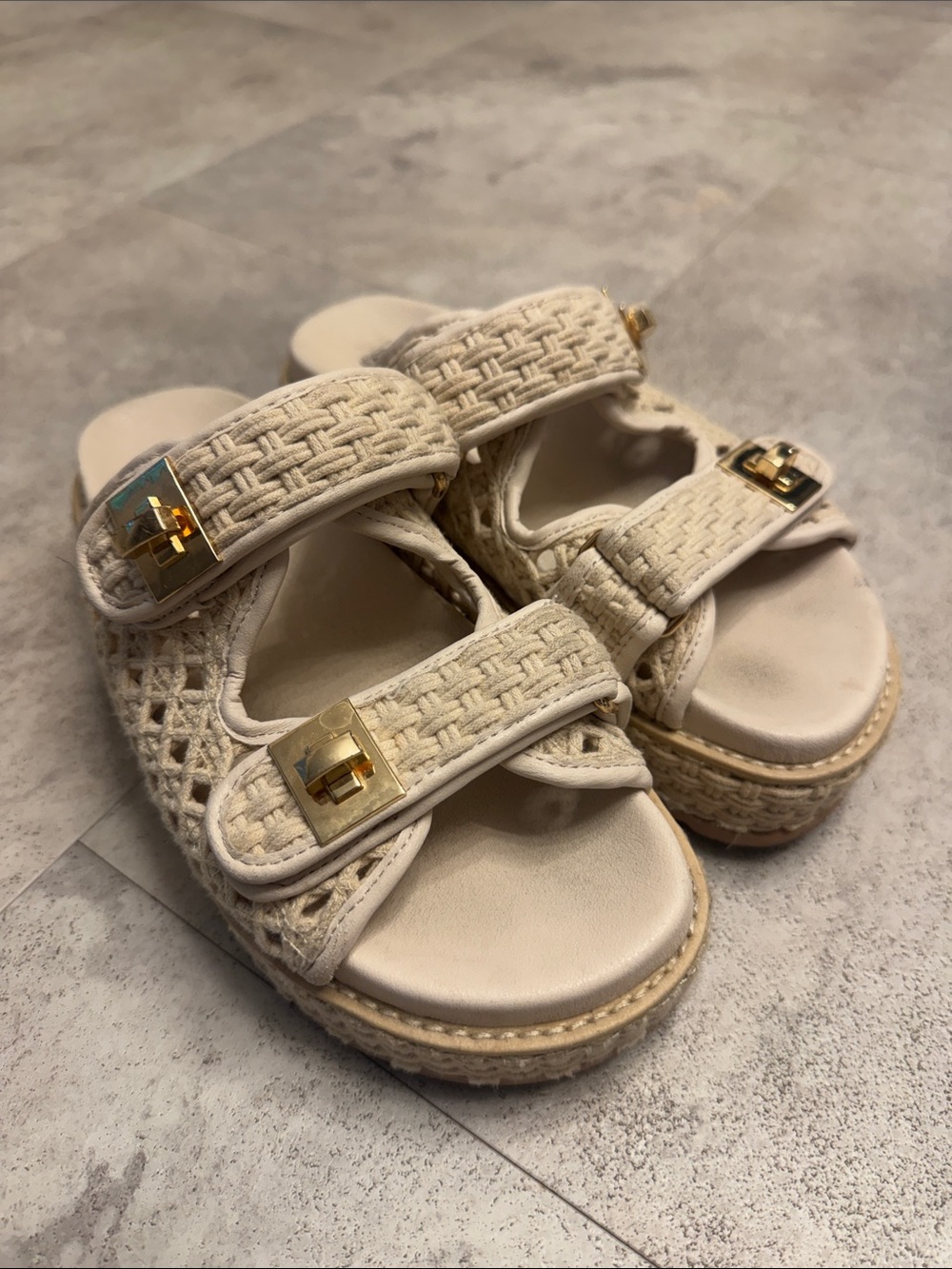 Steve Madden women’s Big Mona Cream Woven Platform Sandals with Gold Buckles